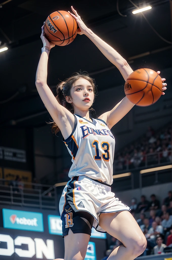 (((best quality))), (((ultra detailed))), (((masterpiece))), illustration, ((1girl,female basketball player,solo)),(slam dunk:1.3),(dunking in the air:1.3), intensity, determined expression, flushed face, perspiration, almond-shaped eyes, mesh jersey, team name and number, form-fitting shorts, athletic build, high-top basketball shoes, indoor basketball gym, well-lit, wooden floor, scoreboard, spectators, stands, action, impact, ball through the hoop, victory, achievement, dedication, skill,(basketball:1.3)