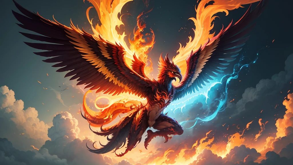 A resplendent phoenix with wings that blaze with fire, rising triumphantly from its ashes.