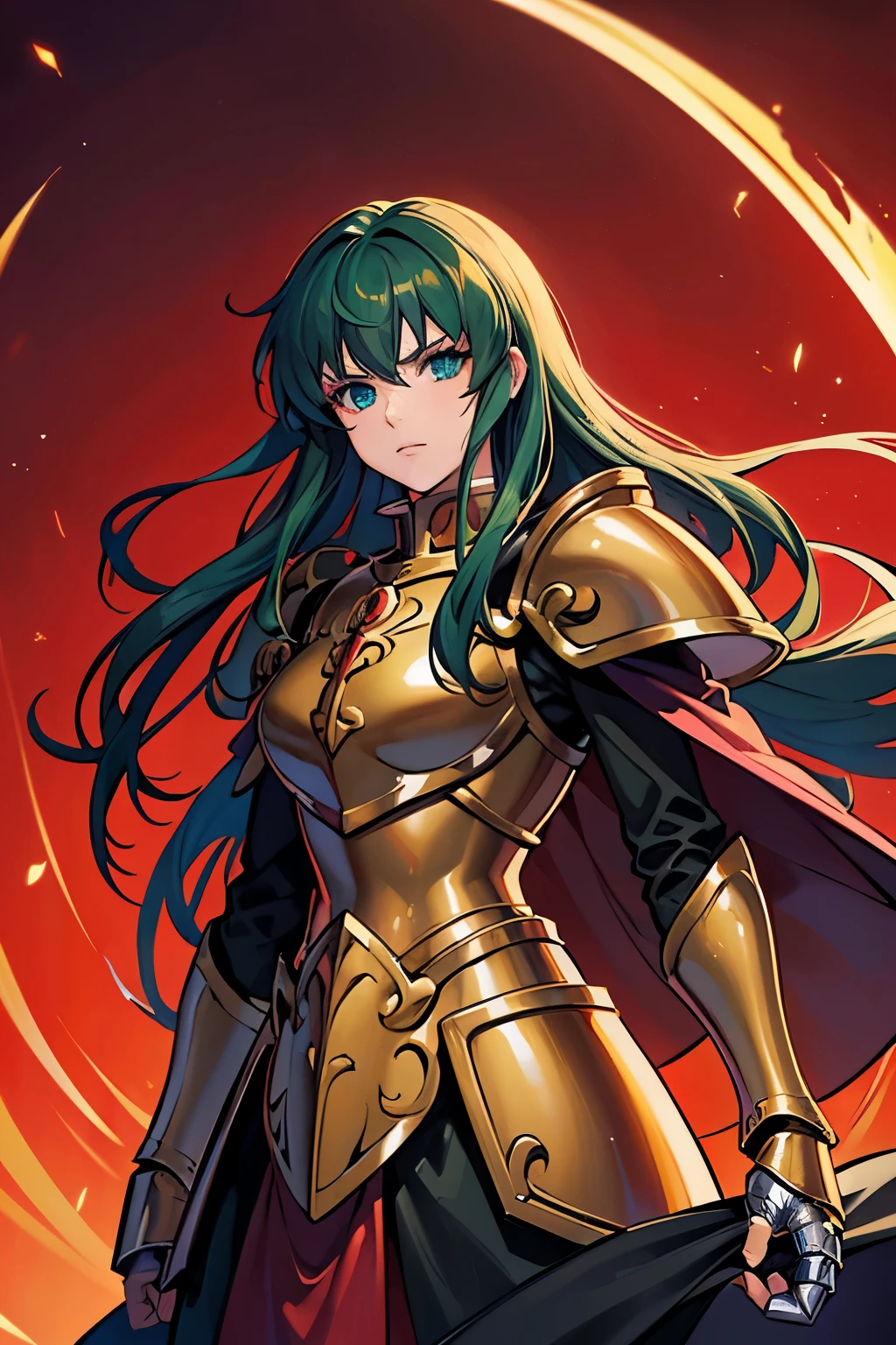 (high-quality, breathtaking),(expressive eyes, perfect face) 1female, Symmetrical Eyes, girl , solo, adult , portrait, dark green colored hair, red coloured eyes, stylised hair, neutral expression, soft smile, medium length hair, loose hair, side bangs, wavy hair, narrow eyes, looking at viewer, black armor, black and red clothing color palette, red trim, fantasy armor, corruption theme, Sasha Saint Seiya Lost Canvas, Goddess Athena, haunting red background, Saint Seiya Armor, full plate, long sleeved shirt, gauntlets, shoulder pads, BlackKnight_fe
