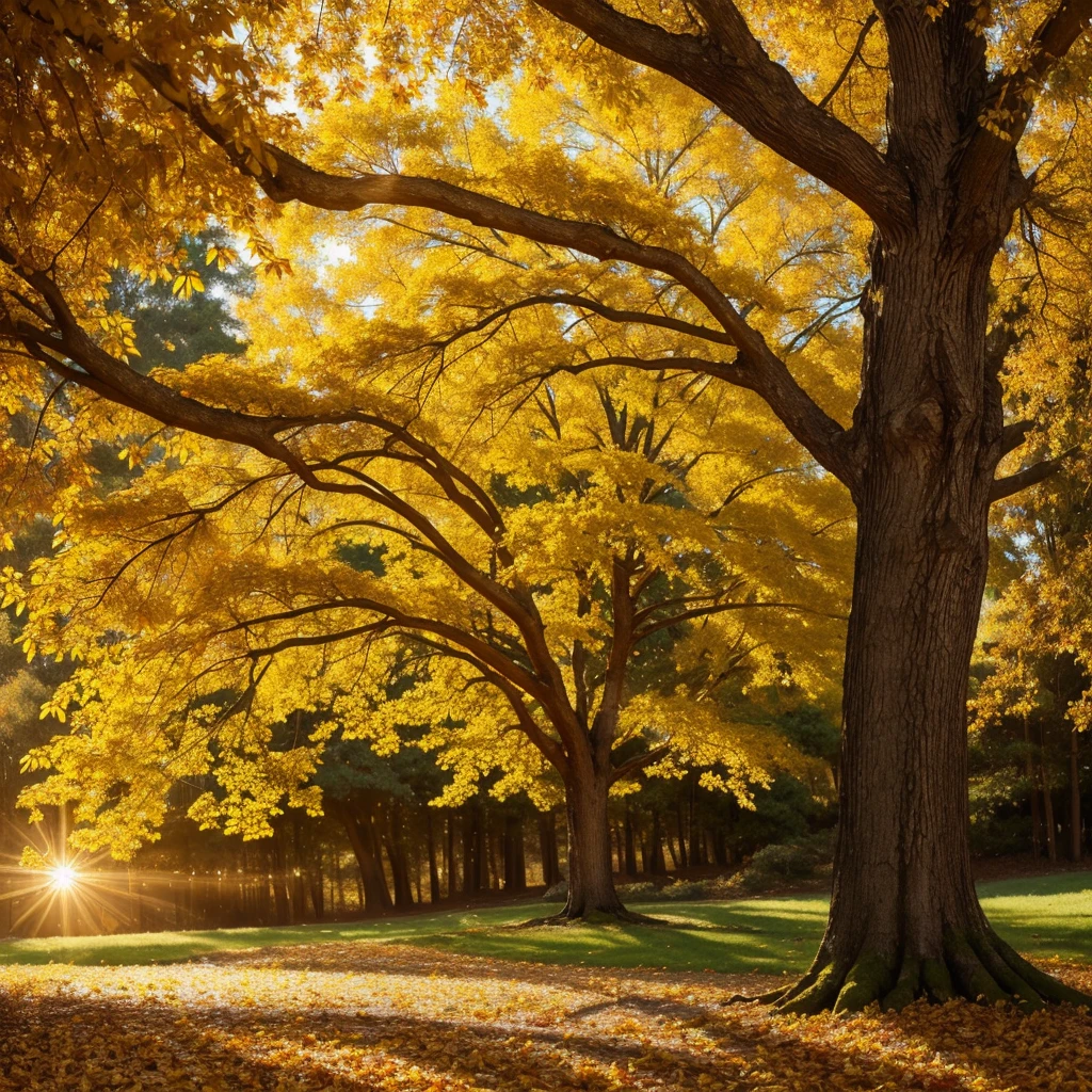 a realistic photo of a tree bathed in gold, golden tree, realistic detailed tree, golden leaves, sunlight filtering through leaves, warm glowing light, highly detailed, photorealistic, 8k, hyper detailed, masterpiece, cinematic lighting, vibrant colors, stunning scenery