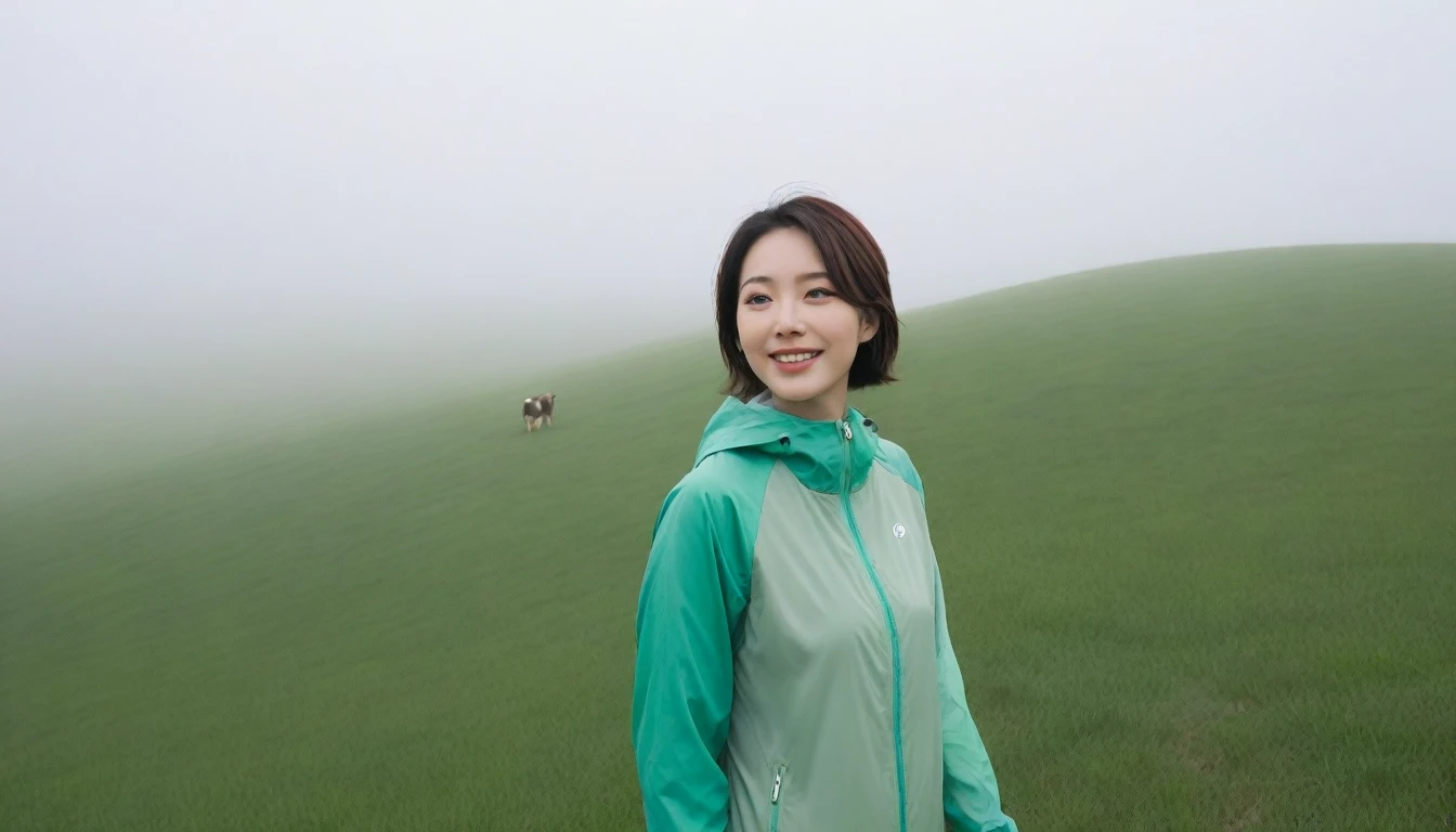 high quality, 1 woman, ((36-year-old healthy Korean woman)), ((36 years old)), 1 woman, eyes are big and beautiful. ((slim)), ((short medium hair)), Smile. pose: standing, gray and light green luxury brand windbreaker jacket, background: 1 woman, California, USA, pasture, Cow, A green meadow can be seen in the distance through the early morning fog.. Full body shot with 16-34 wide angle lens, looking up the side, I can see my whole body from the hill
