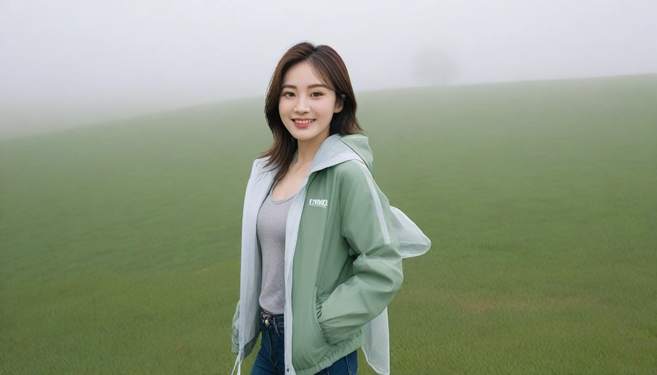 high quality, 1 woman, ((36-year-old healthy Korean woman)), ((36 years old)), 1 woman, eyes are big and beautiful. ((slim)), ((short medium hair)), Smile. pose: standing, gray and light green luxury brand windbreaker jacket, background: 1 woman, California, USA, pasture, Cow, A green meadow can be seen in the distance through the early morning fog.. Full body shot with 16-34 wide angle lens, looking up the side, I can see my whole body from the hill