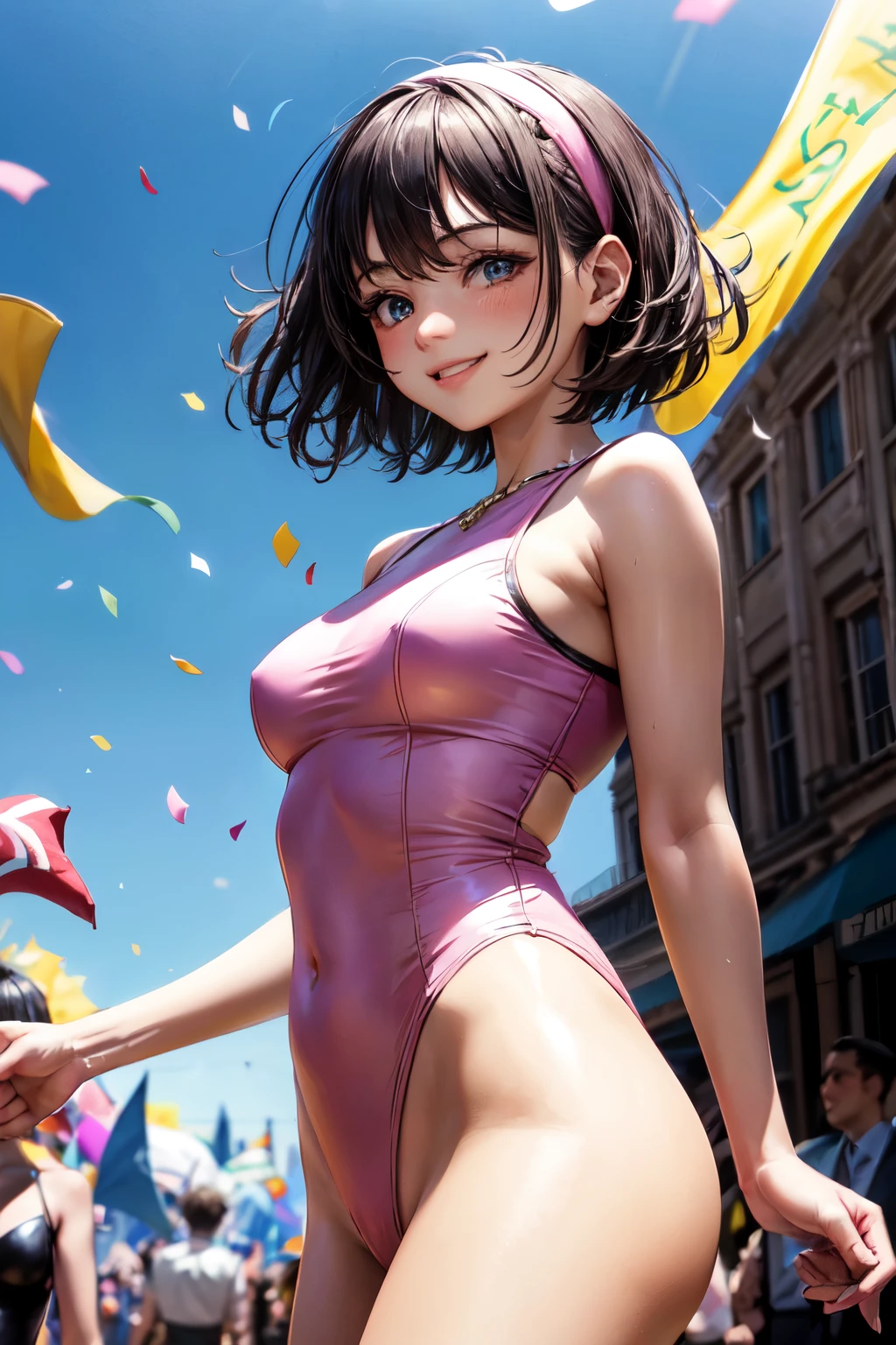 very cute and beautiful girl,(highly detailed beautiful face and eyes),(pink leotard:1.2),(sleeveless),(smile:1.2),happy,
festival in town street,(parade:1.2),(many people wearing pastel costume),flags,confetti in sky,outdoors,depth of field,
cowboy shot,standing,dynamic pose,black hair,hair band,
(best quality,masterpiece),absurdres,highres,ultra-detailed,extremely detailed,32k,8k resolution,
intricate details,cinematic scene,detailed background,solo,dynamic angle,hair fluttering in the wind,perfect hands,