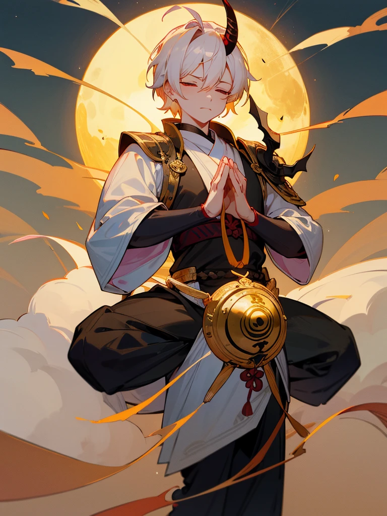 Buddha, evil eye, horn, white short hair, black armor, tori ready, man, full moon, hands together in prayer, Zen meditation golden lion 氣