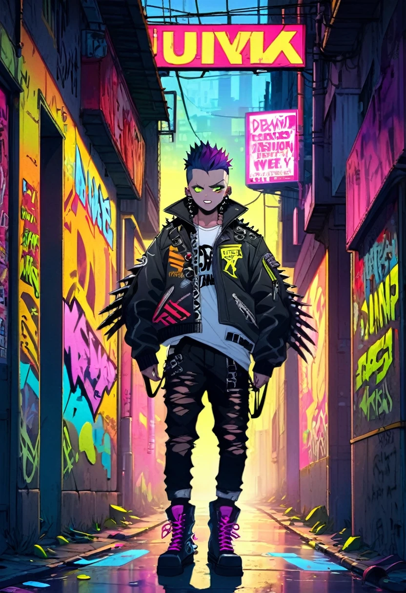 A man with a metal punk style is walking down the streets in a dystopian world. The man's appearance is characterized by a rebellious and edgy fashion style, with an outfit consisting of leather jackets, ripped jeans, heavy metal accessories, and military style boots with straps and spikes. His hair is spiked and dyed in vibrant neon colors, showcasing his fierce personality. His mouth has a devious, almost evil grin to it showing how rebellious and defiant he is. The man's entire body is visible to highlight his clothing style including his footwear, one of his most prized possessions. The streets are filled with graffiti and signs of rebellion, reflecting the punk subculture that permeates this world. Neon lights flicker in the dimly lit alleyways, casting an eerie glow and creating an atmosphere of tension and uncertainty. The man's movements are confident and purposeful as he navigates through the abandoned streets. His eyes are piercing and filled with determination. The attention to detail in depicting his eyes and facial features is paramount to capture the essence of his rebellious nature. The overall image quality is of the highest standard, with a focus on ultra-detailed rendering and vivid colors. Each design element, from the textured leather of his jacket to the intricate patterns in the graffiti, is meticulously crafted to create a photorealistic masterpiece. The lighting technique enhances the dramatic atmosphere, with shadows and neon reflections adding depth to the scene. In terms of art style, the prompt emphasizes the fusion of punk aesthetics with a dystopian world, resulting in a unique blend of urban grit and metallic elements. This combination creates a visually striking and thought-provoking image. The color palette is dominated by dark hues, with accents of vibrant neon colors to create a contrast and enhance the futuristic atmosphere. The lighting technique further emphasizes this contrast, with bright neon lights contrast.