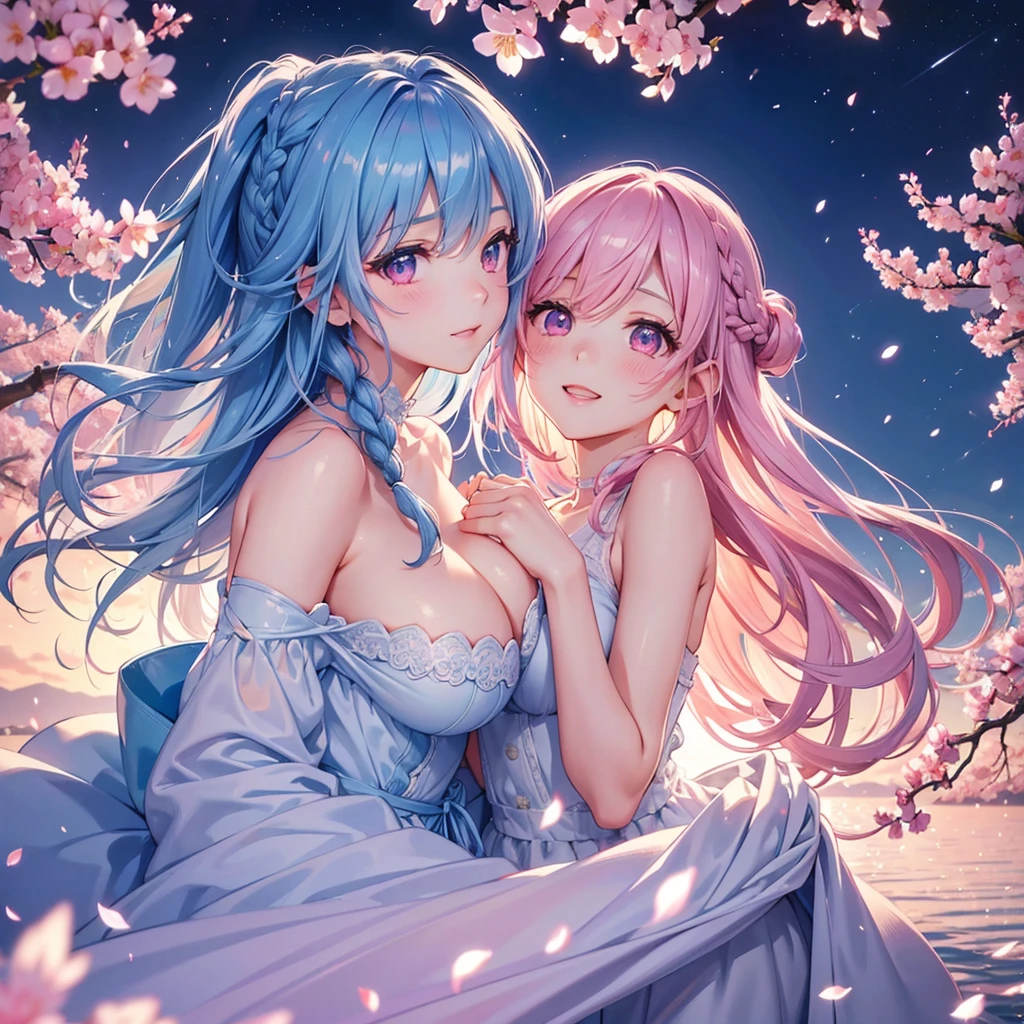 (Sky blue medium hair),(Braided hair tied together)、Pink eyes、Fair skin、(whole body)、(One Girl)、(suit)、Ocean、Cherry Blossoms at Night、A big smile、、(masterpiece、Highest quality、Very detailed、Best Shadow)、(Detailed Background)、(Beautifully detailed face)、High contrast、(Best lighting、Very delicate and beautiful)、((Cinematic Light))、colorful、Hyper Detail、Dramatic Light、Exquisite detail、