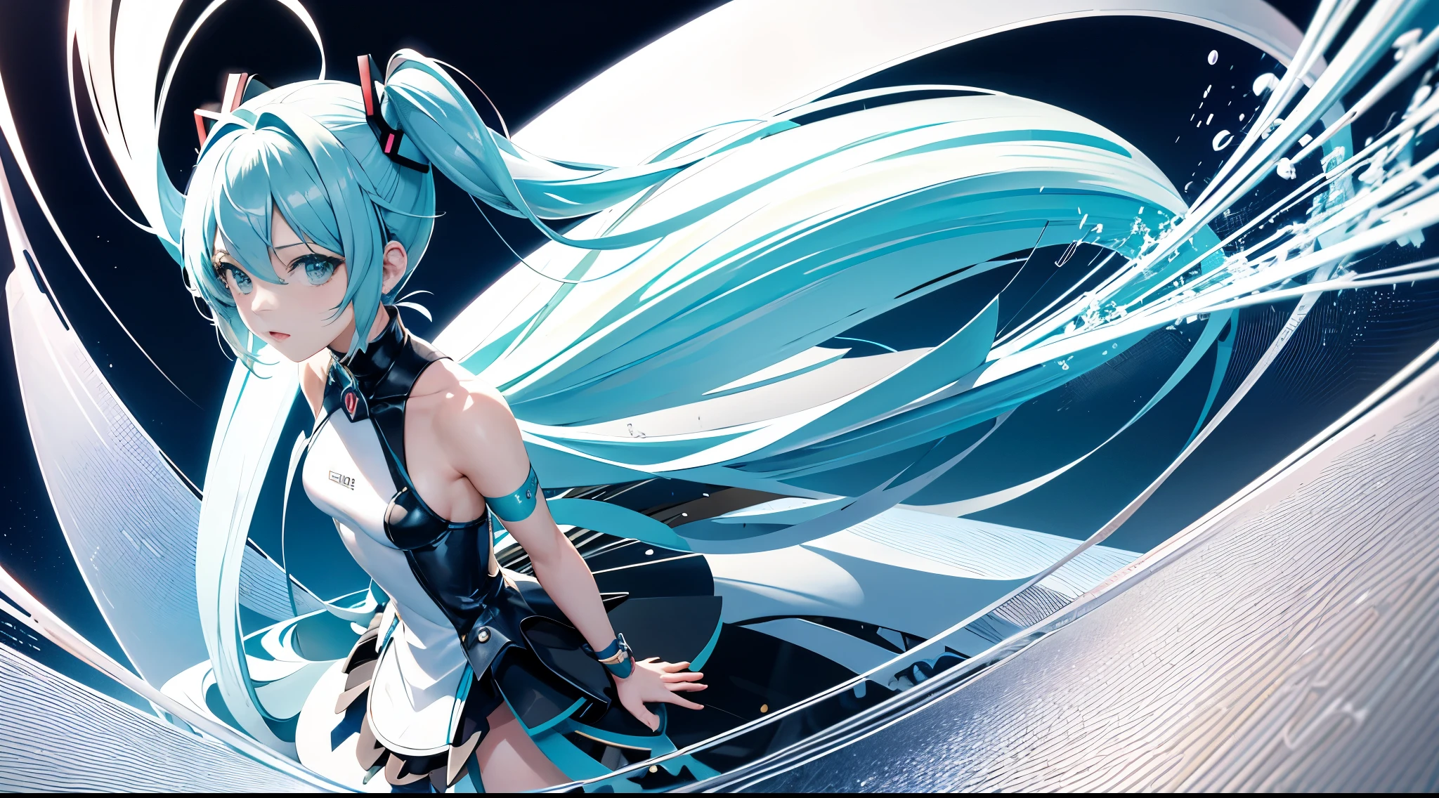 miku hatsune、absurderes, Hi-Res, The ultra-detailed, 1girl in, solo,, Ultra-precise depiction,, (dynamicposes), (Abstract background:1.5), , short platinum blonde, (Glossy skin), multi colored, The upper part of the body, (From above),Music、Light blue paper、stay character、livestream,