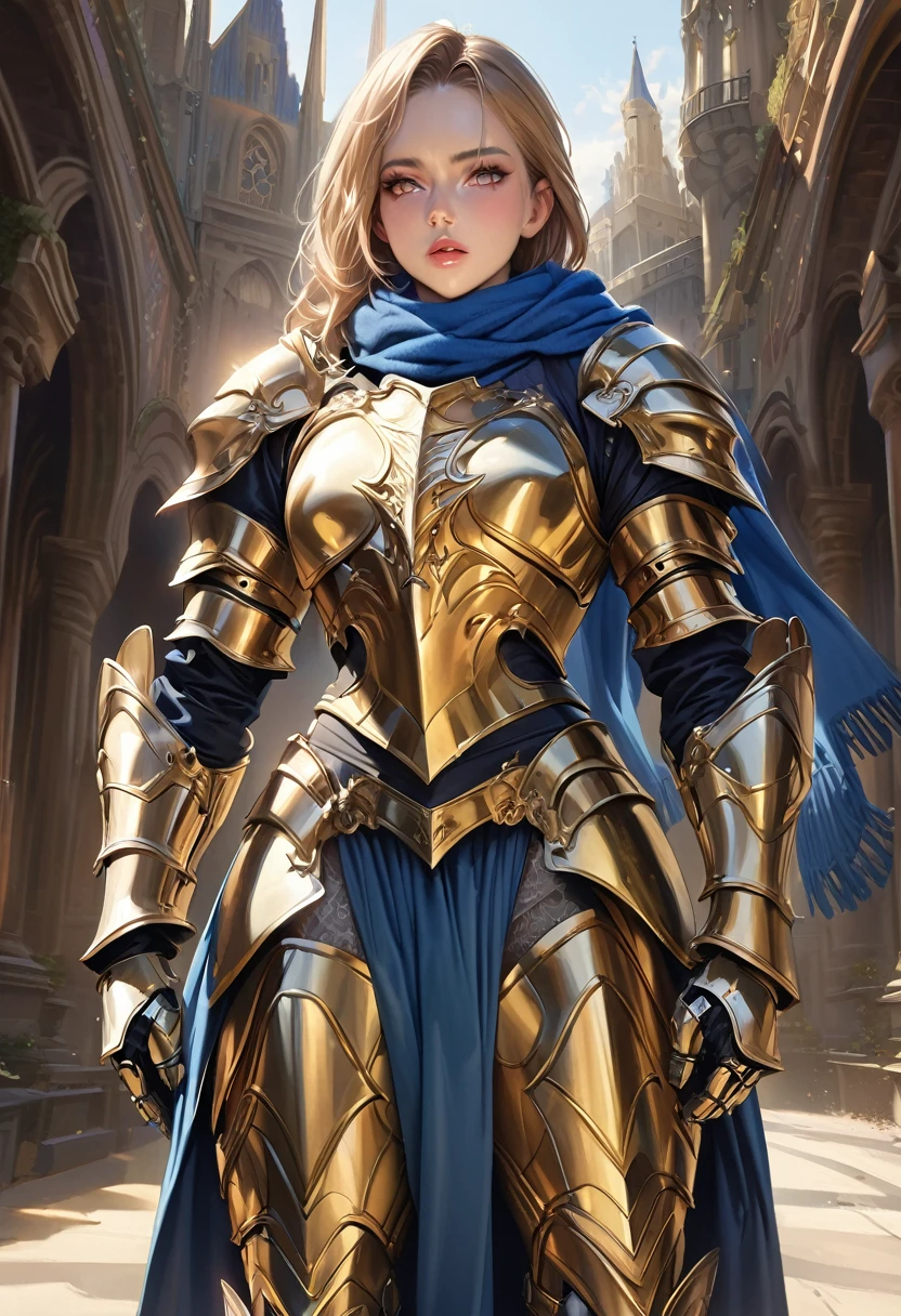 masterpiece, Absurd, The finer details, High resolution,highly detailed armor with gold plating, shiny armor, Realistic,ＰＬＤ_armor, a female knight in armor, wearing ＰＬＤ_armor, Blue scarf