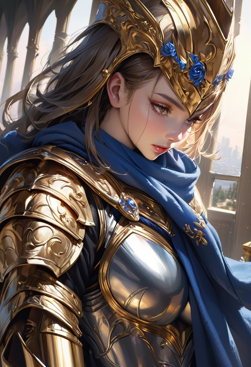 masterpiece, Absurd, The finer details, High resolution,highly detailed armor with gold plating, shiny armor, Realistic,PLD_armor, a female knight in armor, wearing PLD_armor, Blue scarf