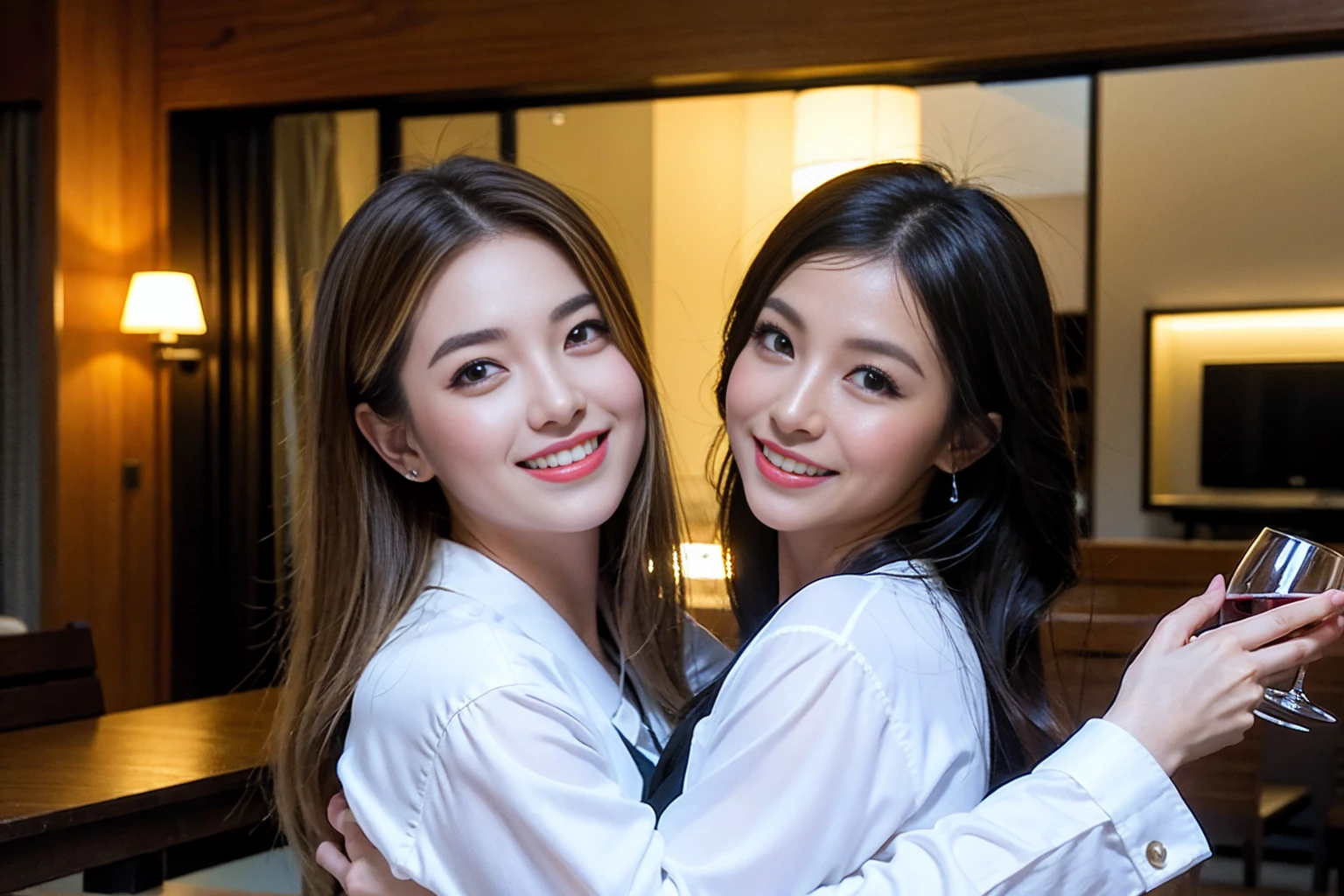 ((Highest quality、、masterpiece:1.3))、1 male、1 female,36 years old 39 years old、Shine the light on my face、Slim Beauty、Beautiful couple、Upper Body、smile、 (Slim face), (the body is スリム), (Brown Hair), (Shortcuts), テーブルのフルコースディナーとwine glass、Amazing view of the sunset sky and clouds、smileの美しさ、Wine bottle、sparkling wine、Long sleeve shirt、dress、White wine, red wine, wine glass, Beautiful fine grain, Depth f/2,saturation, High Contrast, Strong light and shadow,Moist Body:1.5、 texture、The hair is very shiny、