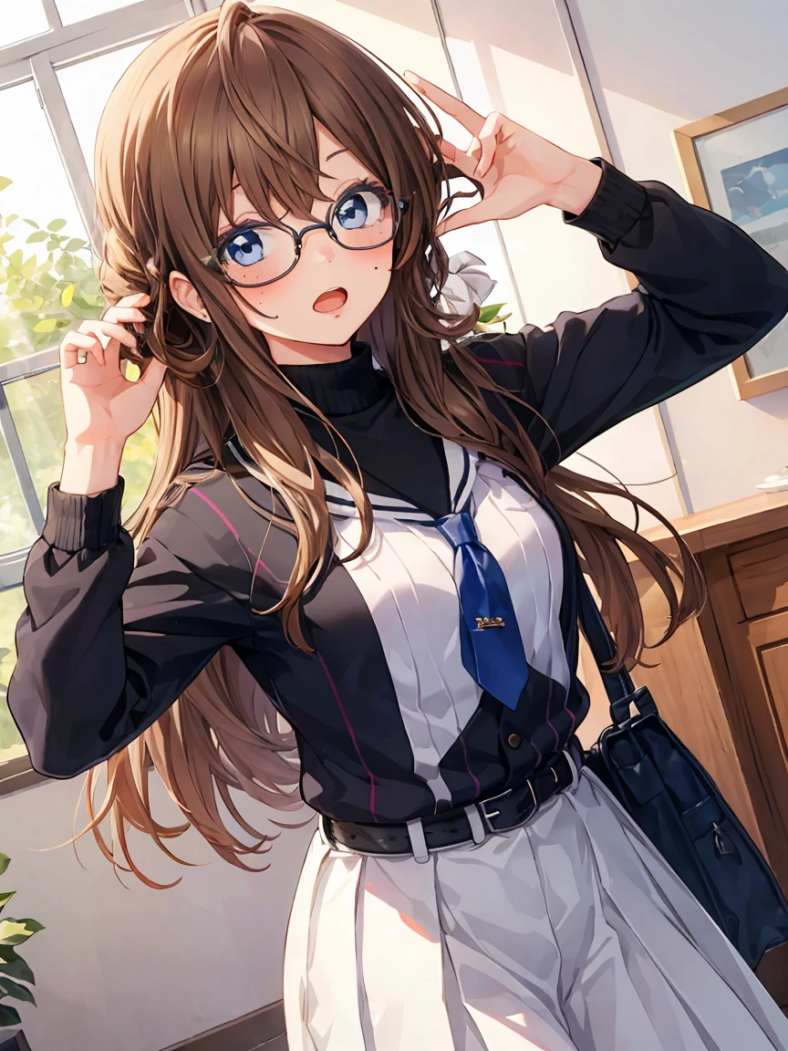 a woman with long brown hair and glasses posing for a picture in a white shirt, 1girl, solo, long hair, skirt, open mouth, shirt, looking at viewer, black shirt, blush, mole, belt