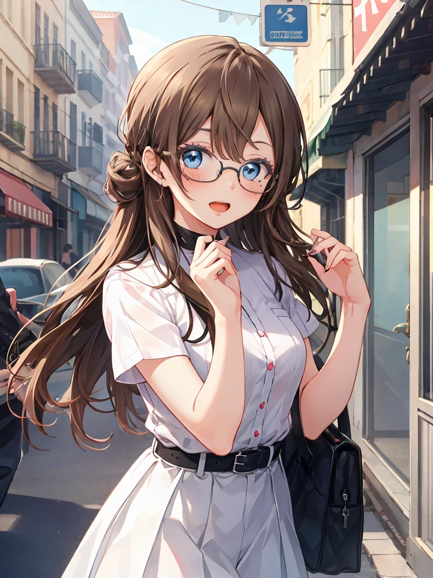 a woman with long brown hair and glasses posing for a picture in a white shirt, 1girl, solo, long hair, skirt, open mouth, shirt, looking at viewer, black shirt, blush, mole, belt