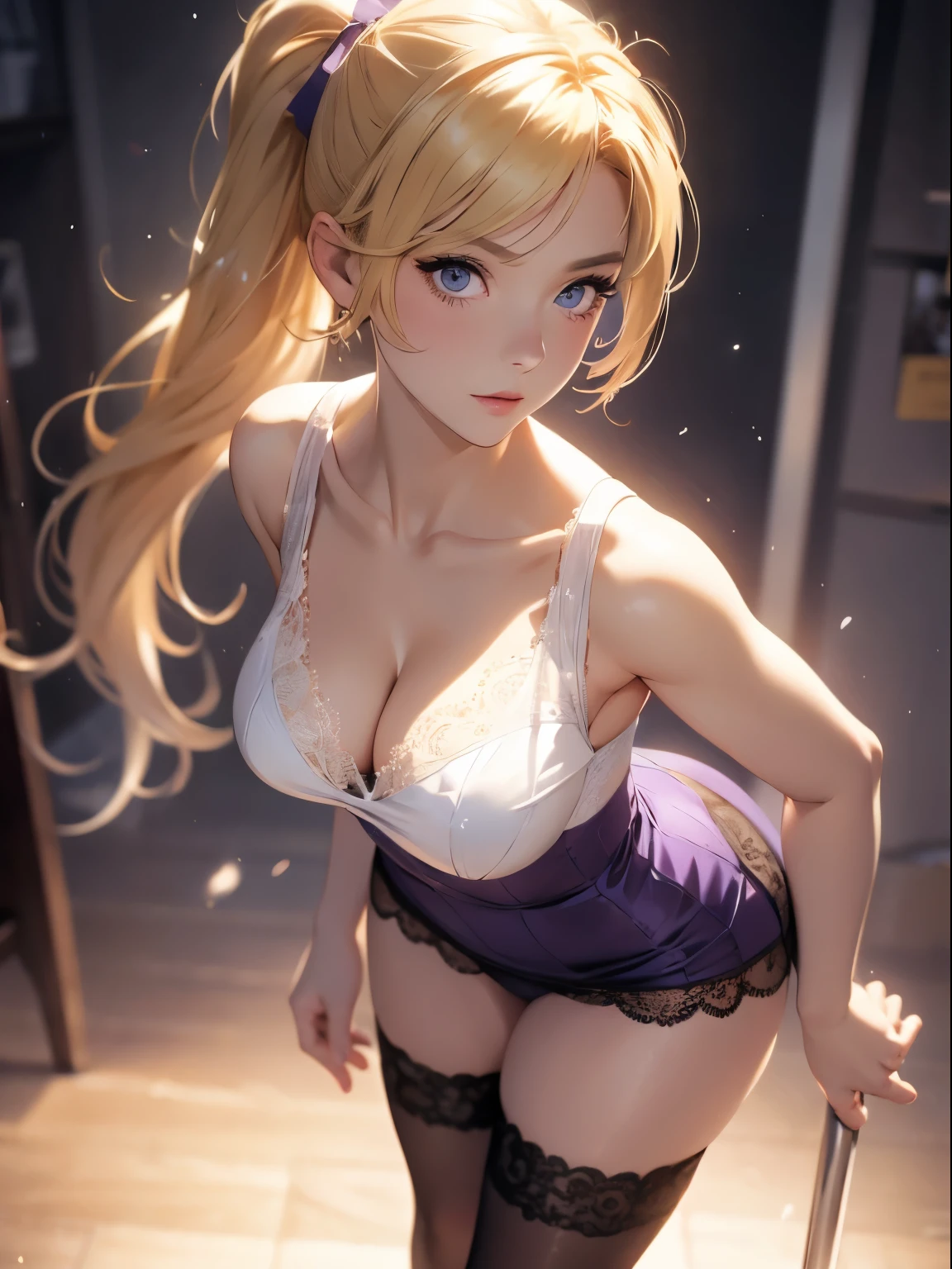 1 woman, blonde hair, hair tied in a side ponytail, sensual neckline, transparent v-neck blouse, b cup breasts, nipples marked on the clothing, facing the viewer, female focus, (Masterpiece:1.0), (background screen 8k) : 1.0), (beautiful face detailed: 1.0), character close to the camera, V-shaped panties, violet panties, lace underwear, standing, in an office, black stockings, front view,