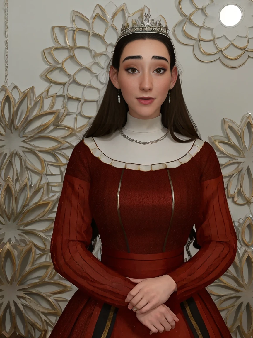 Beautiful and regal, imperious and aloof, busty athletic (thin) brunette queen with sharp facial features wearing a modest updo, dark red medieval dress, long sleeves, intricate patterns, scrollwork, wide neck, crown, veil, long dress, modest dress, tight bodice, (silver waist chain), medieval jewelry, Middle Ages, castle, rampart, wall, stained glass
