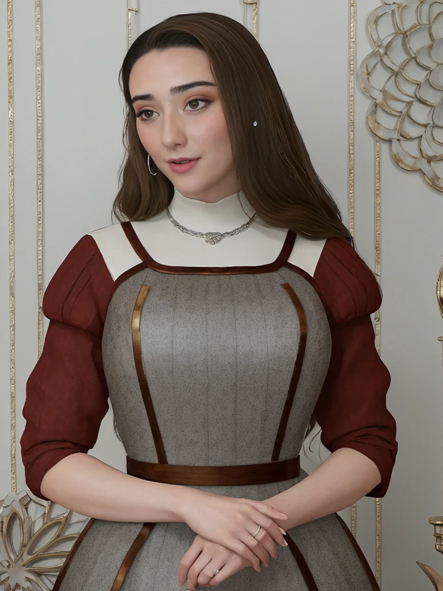 Beautiful and regal, imperious and aloof, busty athletic (thin) brunette queen with sharp facial features wearing a modest updo, dark red medieval dress, long sleeves, intricate patterns, scrollwork, wide neck, crown, veil, long dress, modest dress, tight bodice, (silver waist chain), medieval jewelry, Middle Ages, castle, rampart, wall, stained glass