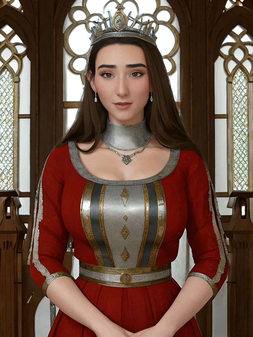 Beautiful and regal, imperious and aloof, busty athletic (thin) brunette queen with sharp facial features wearing a modest updo, dark red medieval dress, long sleeves, intricate patterns, scrollwork, wide neck, crown, veil, long dress, modest dress, tight bodice, (silver waist chain), medieval jewelry, Middle Ages, castle, rampart, wall, stained glass
