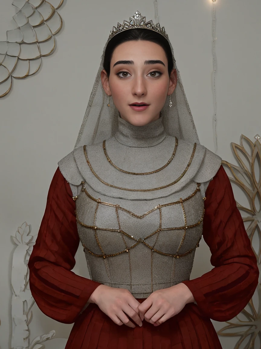 Beautiful and regal, imperious and aloof, busty athletic (thin) brunette queen with sharp facial features wearing a modest updo, dark red medieval dress, long sleeves, intricate patterns, scrollwork, wide neck, crown, veil, long dress, modest dress, tight bodice, (silver waist chain), medieval jewelry, Middle Ages, castle, rampart, wall, stained glass