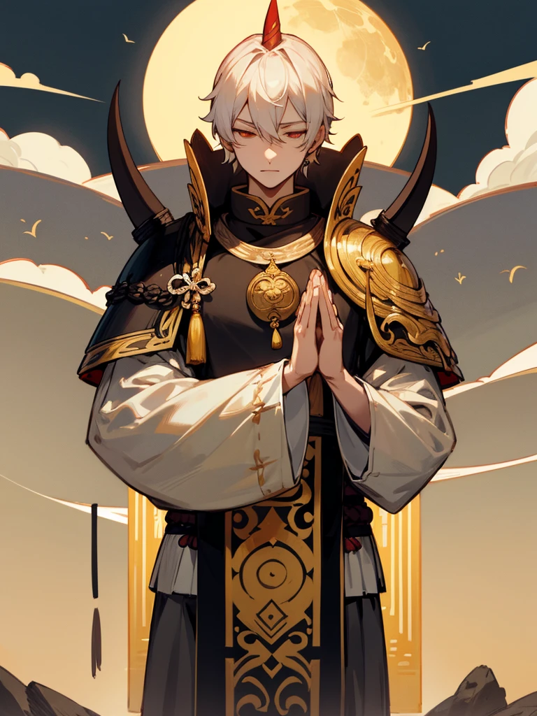 Buddha, evil eye, horn, white short hair, black armor, tori ready, man, full moon, hands together in prayer, Zen meditation golden lion 氣