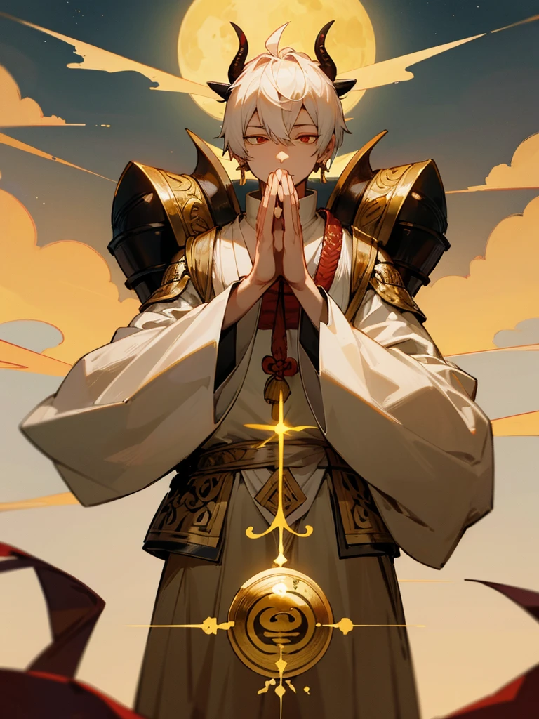 Buddha, evil eye, horn, white short hair, black armor, tori ready, man, full moon, hands together in prayer, Zen meditation golden lion 氣 
