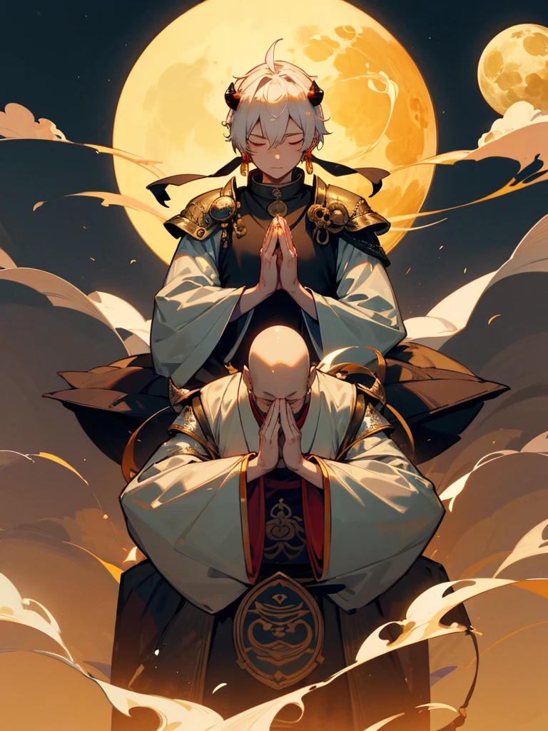 Buddha, evil eye, horn, white short hair, black armor, tori ready, man, full moon, hands together in prayer, Zen meditation golden lion 氣