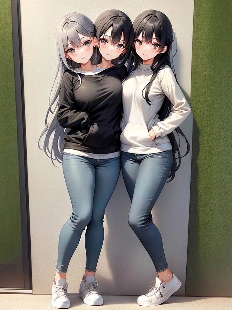 ,best quality, girl, in a sweatshirt, sneakers and jeans, masterpiece, long hair, black hairs, gray eyes, a slim body, yuri,(two heads).