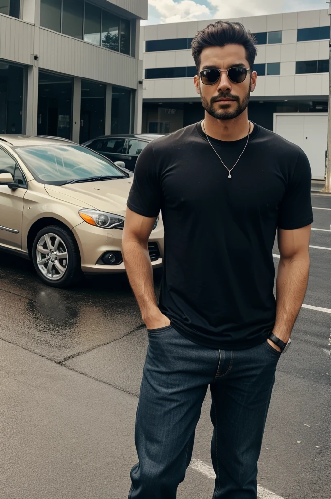 A man with a car parked behind him.