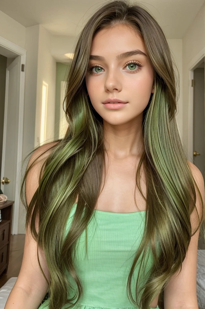 A beautiful 18 years old girl. Shoulder length hair. Golden and baby green color combination hair 
