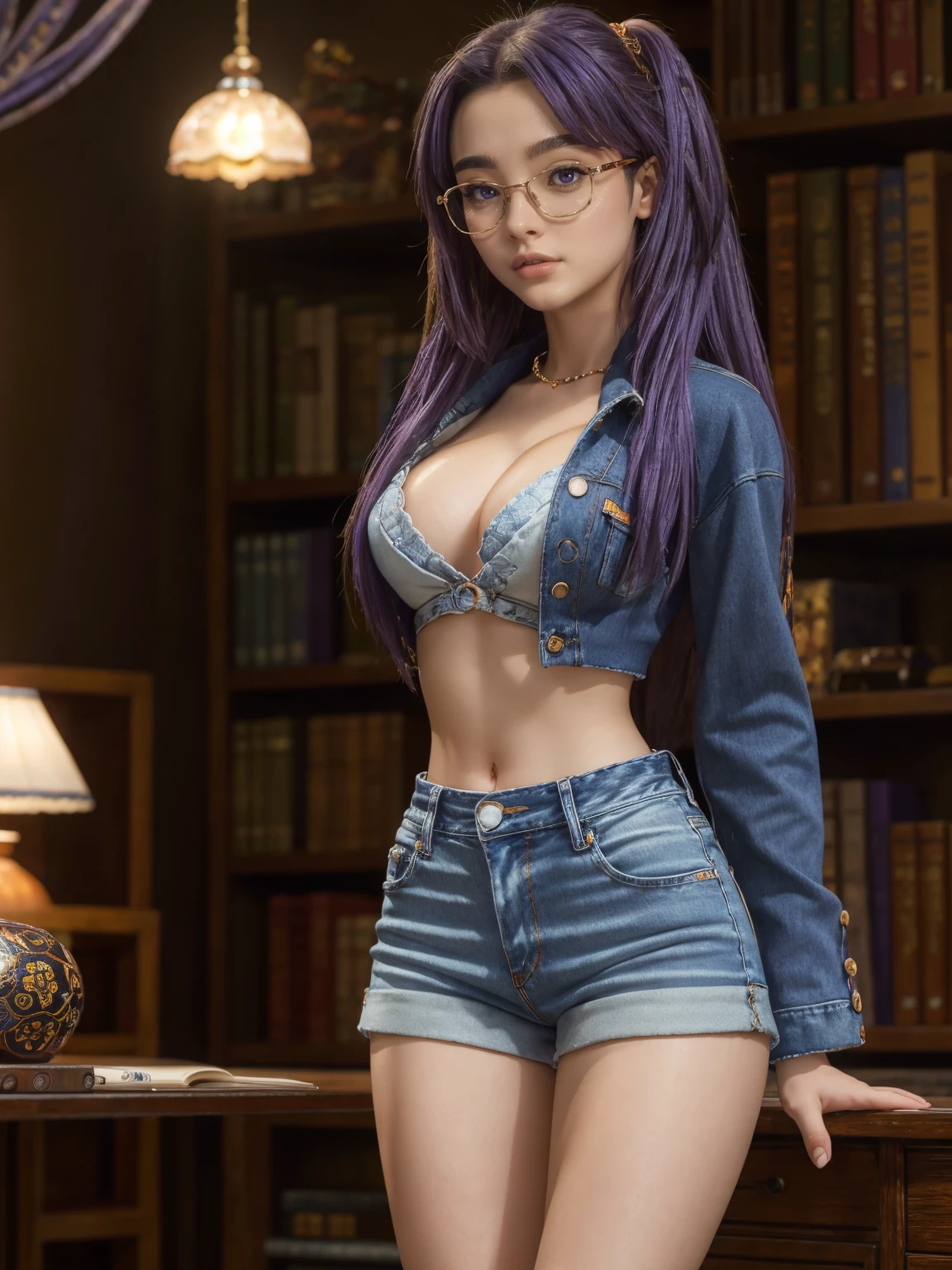 (1 lady), (Best quality at best:1.4), (ultra - detailed), (extremely detailed CG unified 16k), A Beautiful Woman with Perfect Figure: 1.4, Sharp Focus: 1.2, very detailed, High-definition RAW color photo, professional photoshooting, amazing face and eyes, (amazingly beautiful girl), ((masterpiece)), realistic cinematic face, head to feet long wide zoomed out view, full body long view, photorealistic, ((highres)), ((detailed background)), sunset orange sky through window, (ichinose kotomi, reading glasses), gorgeous, extremely beautiful face, perfect model beauty, Highly Detailed Face and Skin Texture, Detailed Eyes, Double Eyelids, ((clothing: blue jean skirt, blazer)), ((realistic natural purple hair style, purple eyes, long hair)), hair ornaments, tarankaaa, not Dasha Taran, library background, extremely detailed, blurred background, depth of field, cinematic lighting, amazing legs, high heels, clear and well-cared skin, athletic, big proportions body, looking at viewer