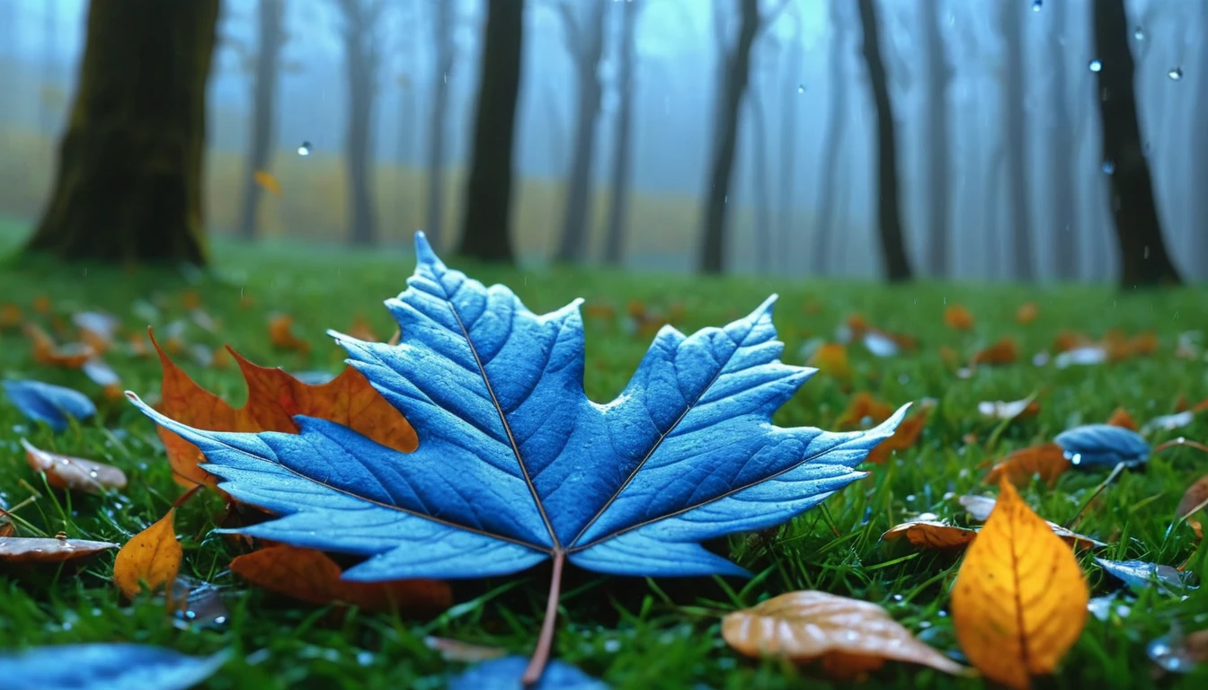 there is a small leaves leaves that is sitting on the grass, magical blue leaves falling, nature documentry footage, youtube video screenshot, today's featured photography 4k, autumn rain turkel, nature photography 4k, november, cinematic widescreen shot, leaves and magic, high quality screenshot, 2 0 2 1 cinematic 4 k framegrab, wide screenshot