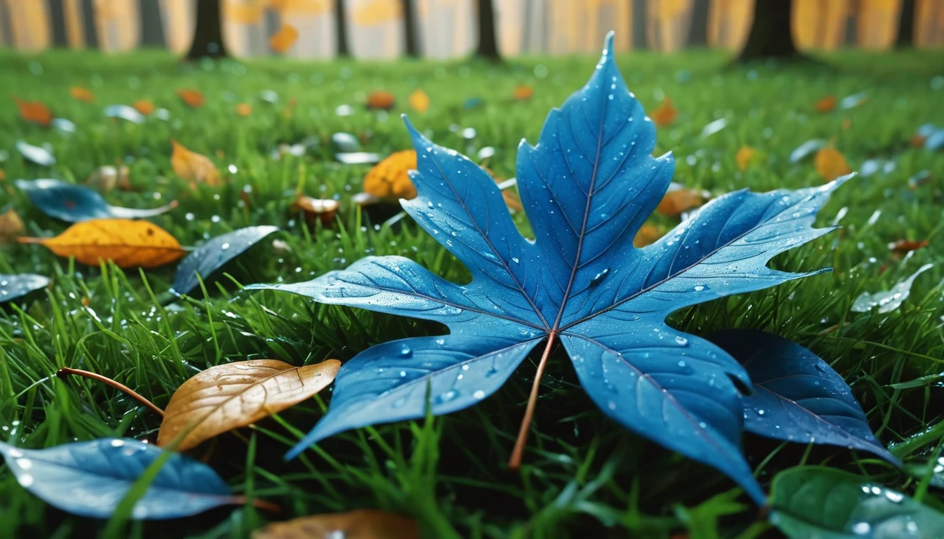 there is a small leaves leaves that is sitting on the grass, magical blue leaves falling, nature documentry footage, youtube video screenshot, today's featured photography 4k, autumn rain turkel, nature photography 4k, november, cinematic widescreen shot, leaves and magic, high quality screenshot, 2 0 2 1 cinematic 4 k framegrab, wide screenshot