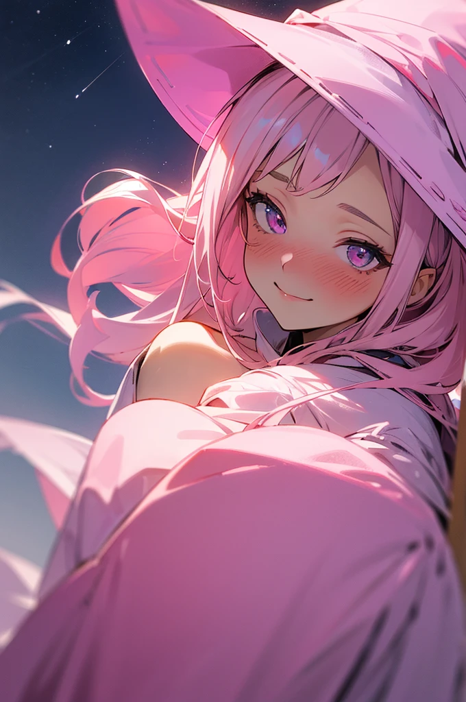 (masterpiece,best quality,ultra-detailed),1girl,white and pink hair,beautiful and detailed face, detailed eyes,pink witch hat,pink witch outfit,looking at viewer,blushing, embarrassed, nervous smile,(grey and pink theme), night,starry background
