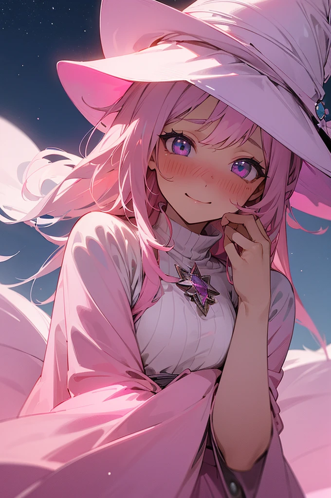 (masterpiece,best quality,ultra-detailed),1girl,white and pink hair,beautiful and detailed face, detailed eyes,pink witch hat,pink witch outfit,looking at viewer,blushing, embarrassed, nervous smile,(grey and pink theme), night,starry background
