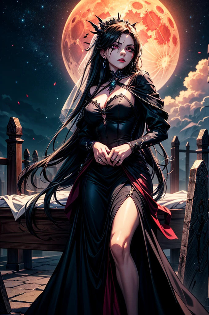 In the night graveyard near the open coffin standing beatiful pale bride female, she have pale skin, beatiful face with silver eyes dark red lipstick black eyeshadows and black tear trace on her face, her haie is black as the darkest night, she dressed in old wedding dress with holes and blood stains and bare feets, in her hands she holding withered black rose bouquet, she have greennish glow aura around her, there is blood moon in the sky,(ultra high quality fantasy art, ghothic dark fantasy style, masterpiece, ultra high quality character design, 8k quality anime art, realistic anime art, top quality wallpaper illustration, detailed ultra high quality accurate face, high quality design and accurate physic)