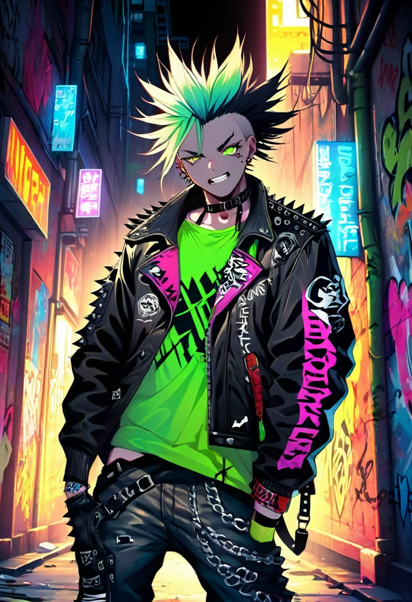 A man with a metal punk style is walking down the streets in a dystopian world. The man's appearance is characterized by a rebellious and edgy fashion style, with an outfit consisting of leather jackets, ripped jeans, heavy metal accessories, and military style boots with straps and spikes. His hair is spiked and dyed in vibrant neon colors, showcasing his fierce personality. His mouth has a devious, almost evil grin to it showing how rebellious and defiant he is. The man's entire body is visible to highlight his clothing style including his footwear, one of his most prized possessions. The streets are filled with graffiti and signs of rebellion, reflecting the punk subculture that permeates this world. Neon lights flicker in the dimly lit alleyways, casting an eerie glow and creating an atmosphere of tension and uncertainty. The man's movements are confident and purposeful as he navigates through the abandoned streets. His eyes are piercing and filled with determination. The attention to detail in depicting his eyes and facial features is paramount to capture the essence of his rebellious nature. The overall image quality is of the highest standard, with a focus on ultra-detailed rendering and vivid colors. Each design element, from the textured leather of his jacket to the intricate patterns in the graffiti, is meticulously crafted to create a photorealistic masterpiece. The lighting technique enhances the dramatic atmosphere, with shadows and neon reflections adding depth to the scene. In terms of art style, the prompt emphasizes the fusion of punk aesthetics with a dystopian world, resulting in a unique blend of urban grit and metallic elements. This combination creates a visually striking and thought-provoking image. The color palette is dominated by dark hues, with accents of vibrant neon colors to create a contrast and enhance the futuristic atmosphere. The lighting technique further emphasizes this contrast, with bright neon lights contrast.