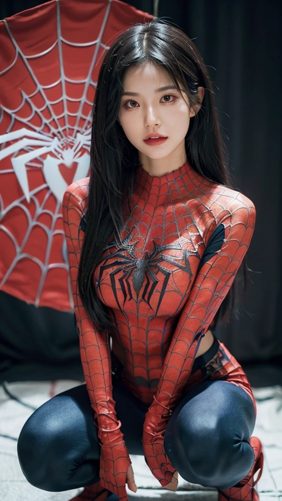 score_9,score_8_up,score_7_up,score_6_up, source_illustration, a cute thin asian girl with ((long black hair), fit body, tight belly, sexy face, brown eyes, perfect eyes, slanted eyes, Silk from Spiderman costume, black and white costume, red bandana mask, red spiderweb accents on chest, ripped costume, exposed body, looking at viewer, squatting spiderman pose