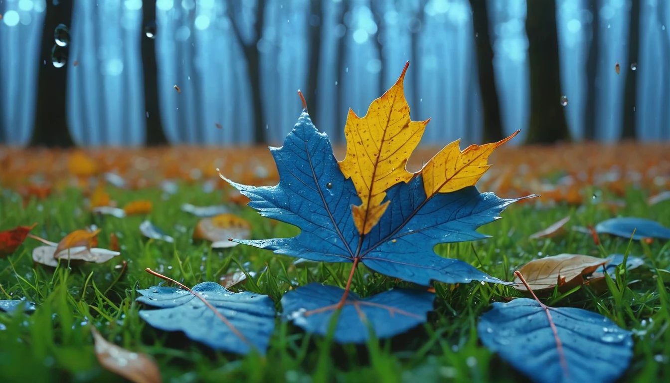 there is a small leaves leaves that is sitting on the grass, magical blue leaves falling, nature documentry footage, youtube video screenshot, today's featured photography 4k, autumn rain turkel, nature photography 4k, november, cinematic widescreen shot, leaves and magic, high quality screenshot, 2 0 2 1 cinematic 4 k framegrab, wide screenshot