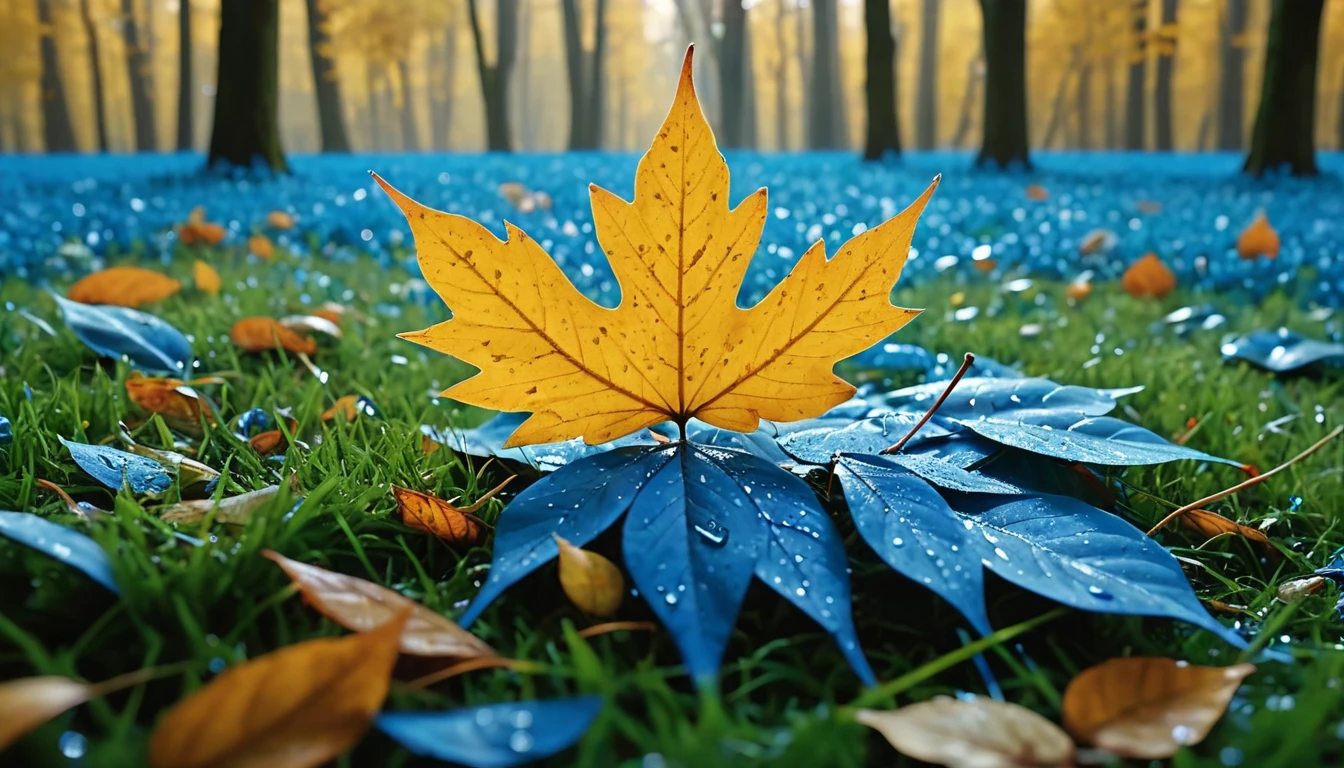 there is a small leaves leaves that is sitting on the grass, magical blue leaves falling, nature documentry footage, youtube video screenshot, today's featured photography 4k, autumn rain turkel, nature photography 4k, november, cinematic widescreen shot, leaves and magic, high quality screenshot, 2 0 2 1 cinematic 4 k framegrab, wide screenshot