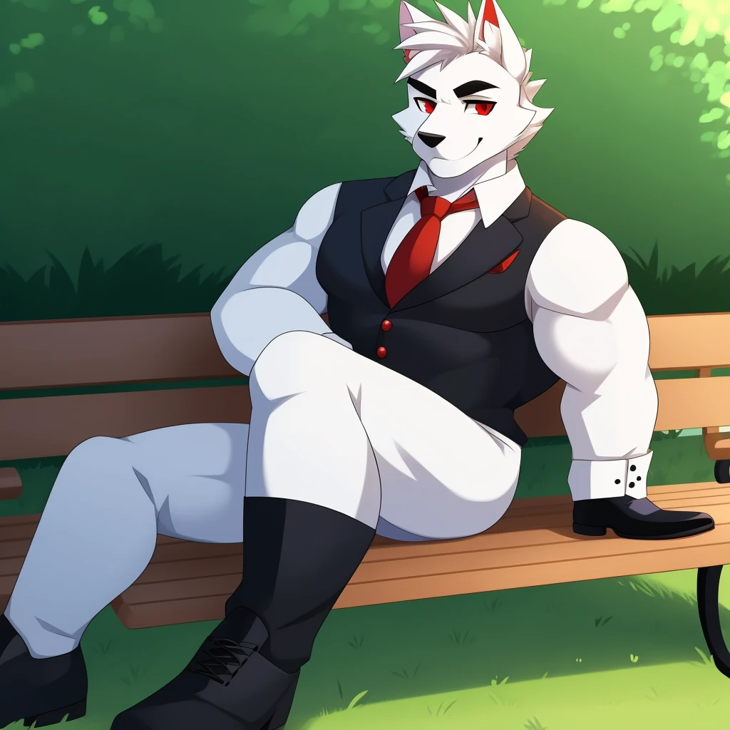 White wolf, 22 years old, white fur, white mane, red eyes, thick black eyebrows, masculine, wearing a tuxedo, red neck tie, black shoes, sitting down, on a park bench. Grassy ground, sexy pose, looking at viewer, wearing a pendant