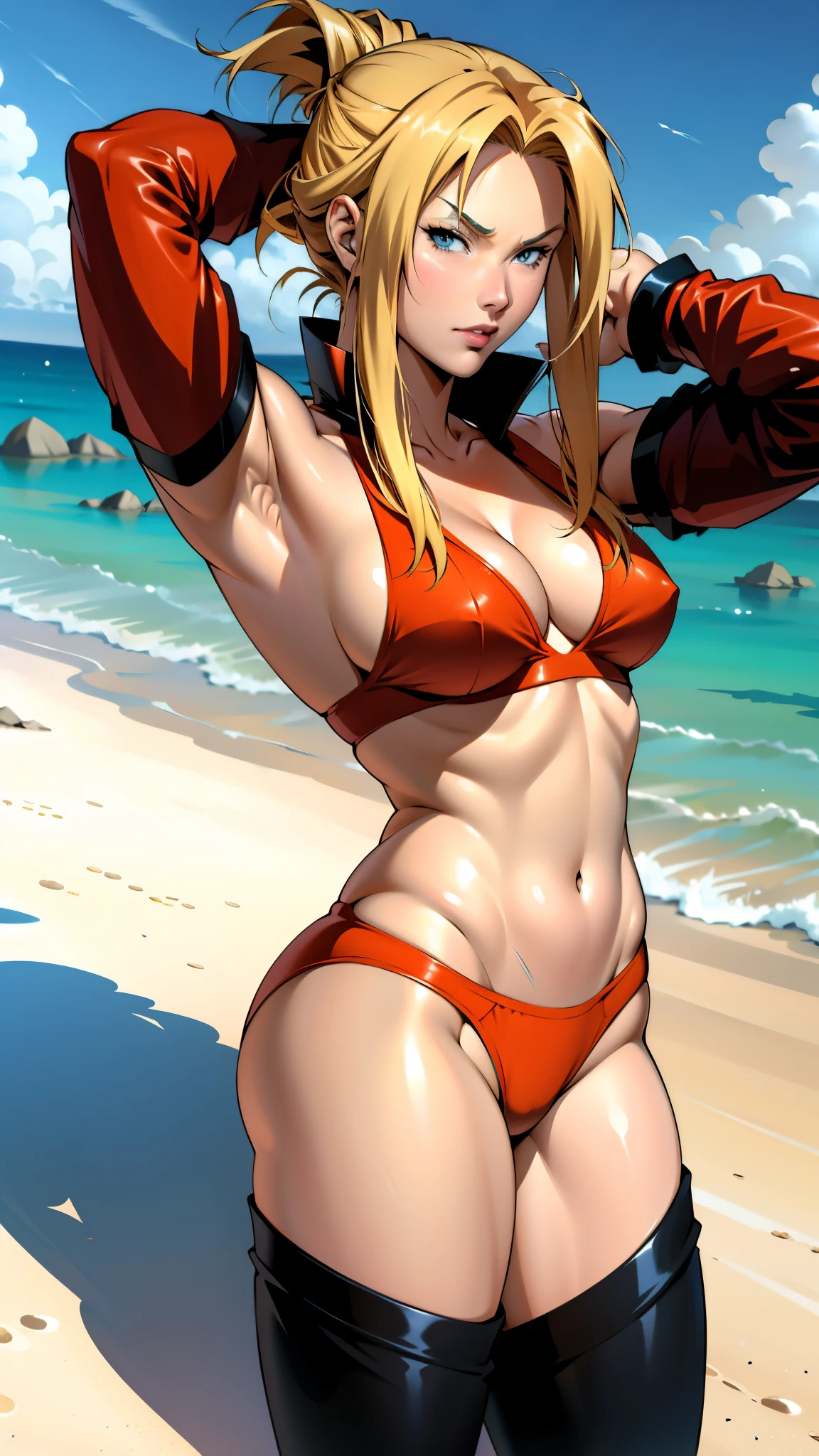 アニメ cel-shading Quistis, orange bikini, on the beach in ((anime + manga + comics + cartoon) style)