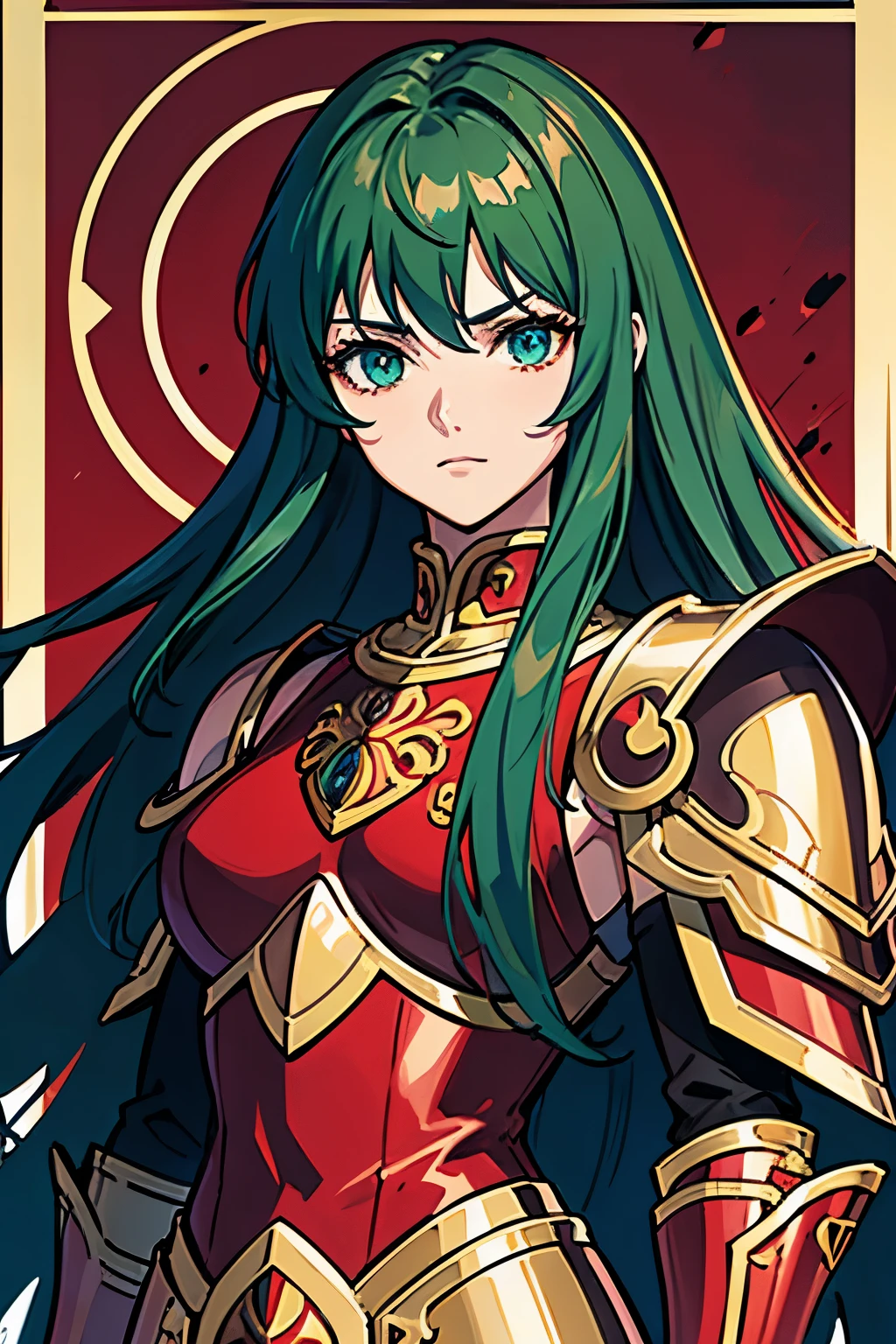 (high-quality, breathtaking),(expressive eyes, perfect face) 1female, Symmetrical Eyes, girl , solo, adult , portrait, dark green colored hair, red coloured eyes, stylised hair, neutral expression, soft smile, medium length hair, loose hair, side bangs, wavy hair, narrow eyes, looking at viewer, black armor, black and red clothing color palette, red trim, fantasy armor, corruption theme, Sasha Saint Seiya Lost Canvas, Goddess Athena, haunting red background, Saint Seiya Armor, full plate, long sleeved shirt, gauntlets, shoulder pads, BlackKnight_fe, detailed eyes
