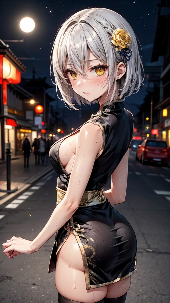 Young girl 22 years old, short silver bob hair, hair flower, sharp bangs between the eyes, yellow eyes, eyes large, ((traditional chinese imperial clothes black with gold details,)) red skirt, black thigh high socks. slenderbody. view from side, side point of view, on the street of a Japanese city, at night, with full moon in the background, light reflecting on the sexy and sweaty body. (((sweat)))