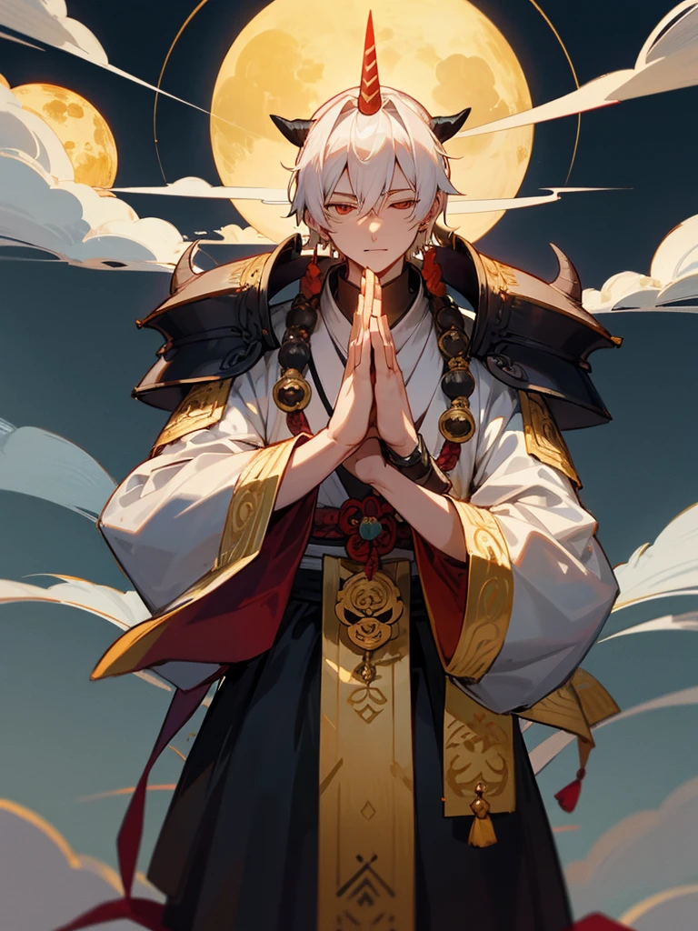 Buddha, evil eye, horn, white short hair, black armor, tori ready, man, full moon, hands together in prayer, Zen meditation golden lion 氣 
