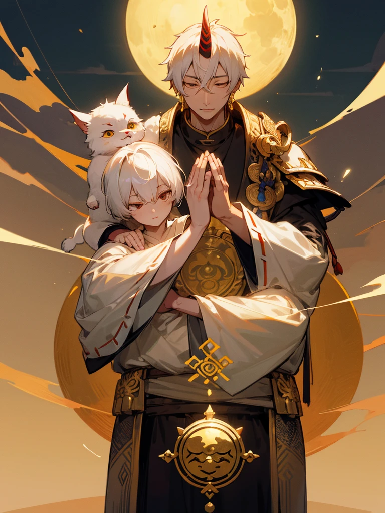 Buddha, evil eye, horn, white short hair, black armor, tori ready, man, full moon, hands together in prayer, Zen meditation golden lion 氣