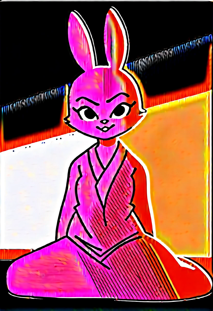 create a picture of a female half rabbit character  with purple giant rabbit digitigrade legs with white paws, put purple rabbit ears on top of her head with black stains, wrap her up in a large closed white bathrobe wrapped around her whole body, put purple fur on her arms from her elbows down, give her short brown hair, make her legs look fluffy and furry, make it in an anime style, make her look super relaxed and like she’s dreaming, give her black gauntlets, make her look bruised, give her moderate breasts, make her standing in a hot spring with the water up to her waist, make her mostly submerged in the water, make the environment very steamy, make the bathrobe look soft and fluffy, make her sitting in the middle of the water,