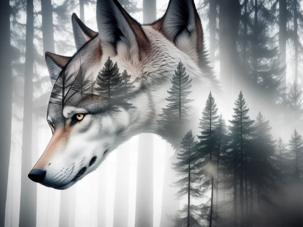 (Double exposure), 1wolf, forest, masterpiece, best quality