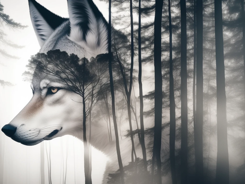 (Double exposure), 1wolf, forest, masterpiece, best quality