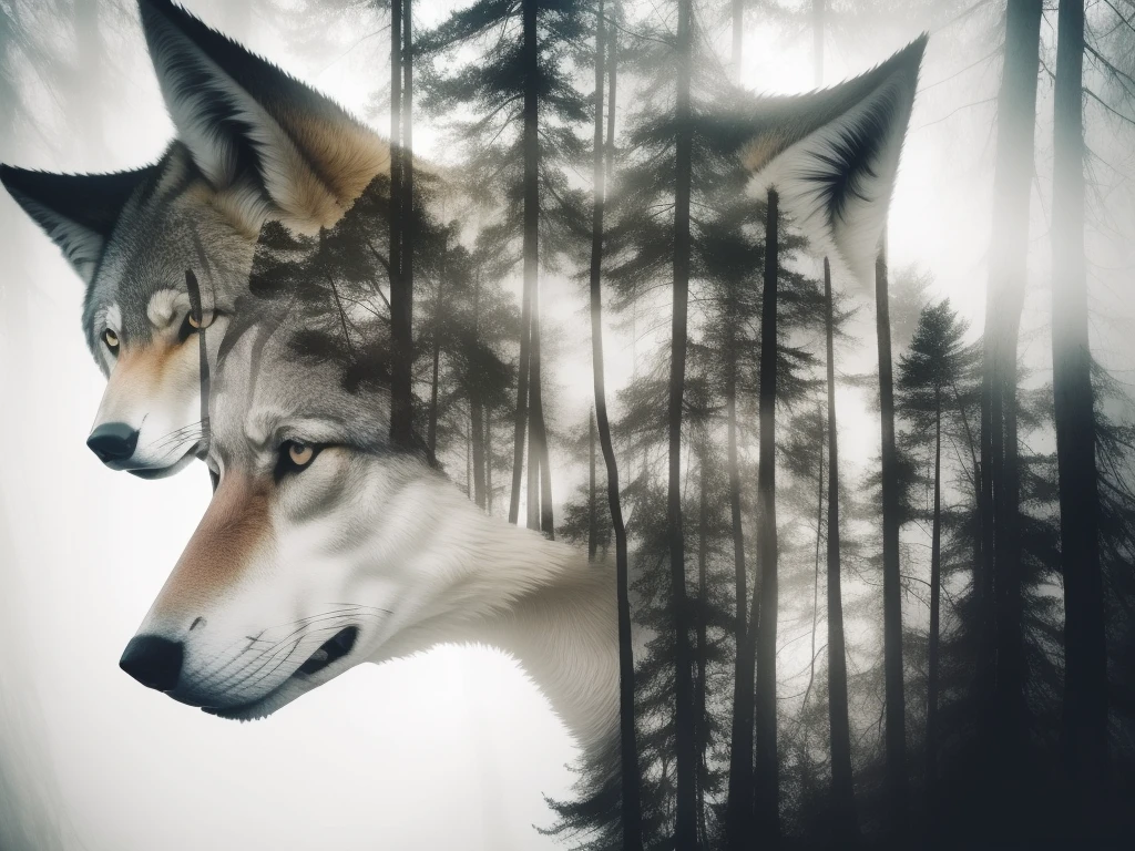(Double exposure), 1wolf, forest, masterpiece, best quality