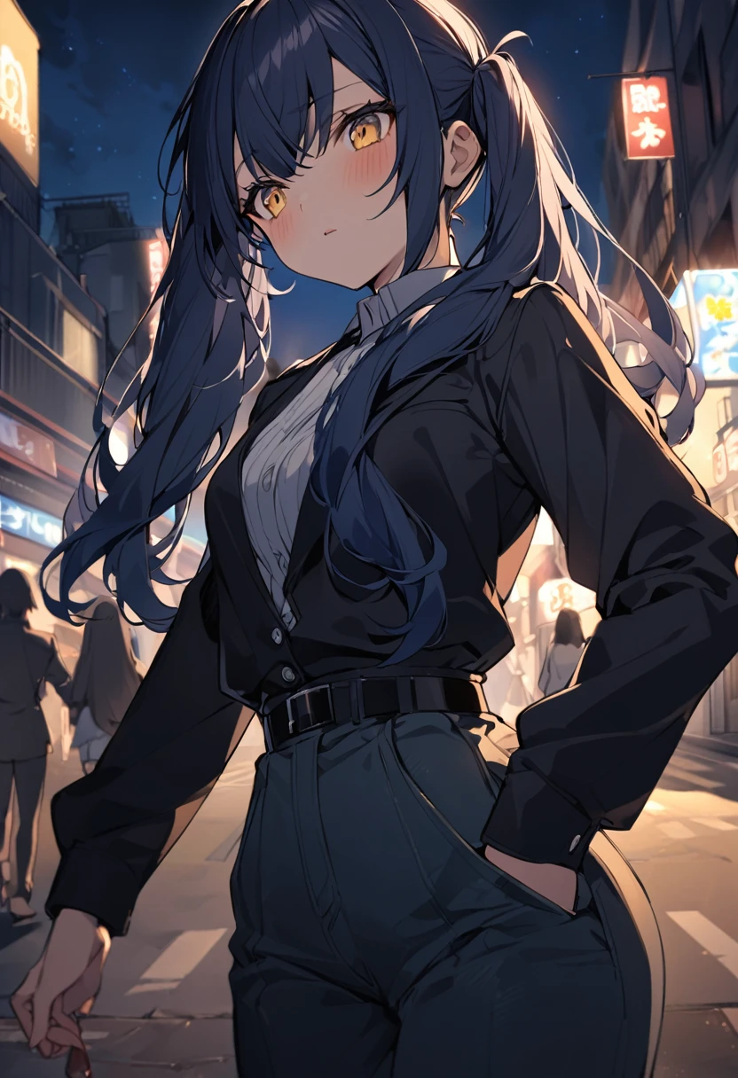 アニメ アニメ - a girl with long Dark navy blue hair, アニメ, アニメ girl アニメ, アニメ female, twintails, yellow eyes, long hair, pants, solo focus, 1girl, Dark navy blue hair, long sleeves, night,black jacket, Black belted trousers, outdoors,Great shade