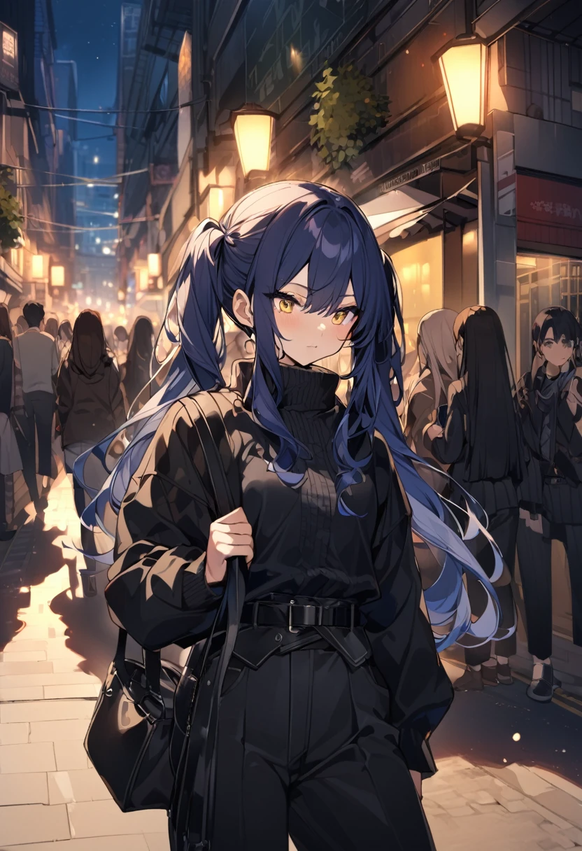 アニメ アニメ - a girl with long Dark navy blue hair, アニメ, アニメ girl アニメ, アニメ female, twintails, yellow eyes, long hair, pants, solo focus, 1girl, Dark navy blue hair, long sleeves, night,black jacket, Black belted trousers, outdoors,Great shade