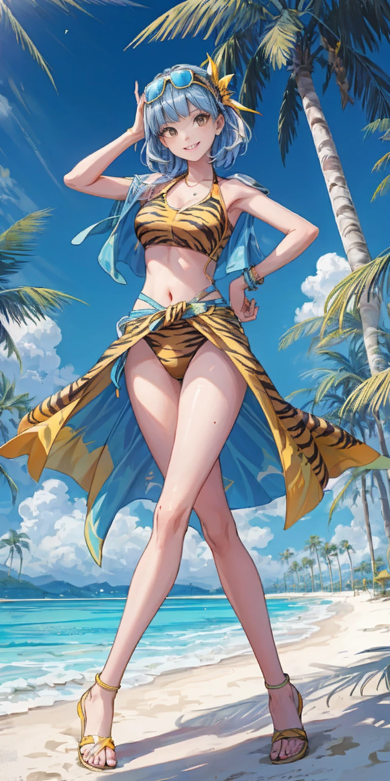Subject: Woman in yellow tiger print bikini
Additional details:
Activity: Standing confidently on a beach or a poolside.
Background: Sunny day with clear skies (add palm trees for a beach setting).
Expression: Smiling and having fun.
Pose: Full body shot that is flattering and appropriate for swimwear.